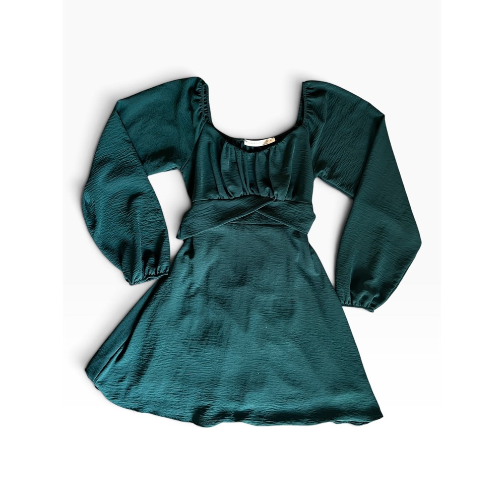 Altar'd State Forest Green Balloon Sleeve Tie Back Mini Dress Size Small